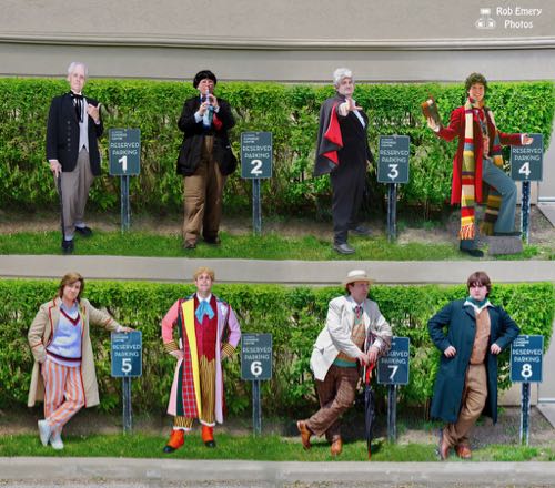 The Whovian Doctors 1-8 wait by their parking lot signs